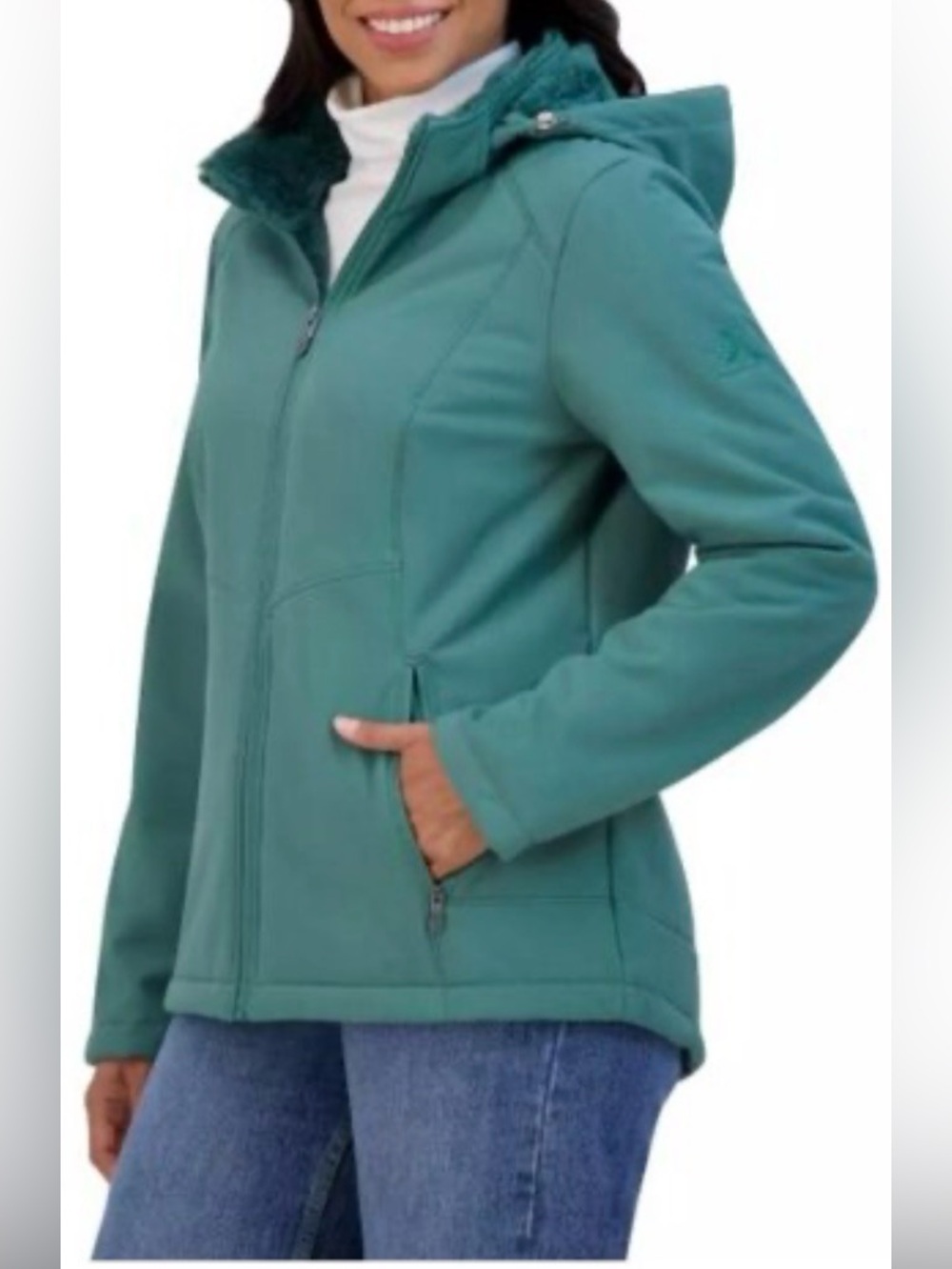 Plus size 3x- ZeroXposur Lillian Soft Shell Jacket - teal/ faux fur lined